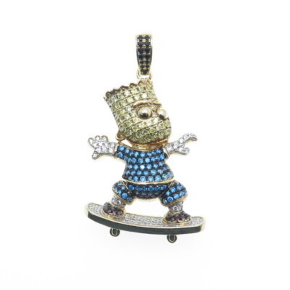 925 Sterling Silver Gold Plated Multi-Color Round-Cut C Z Bart Simpson Pendant - Picture 5 of 6